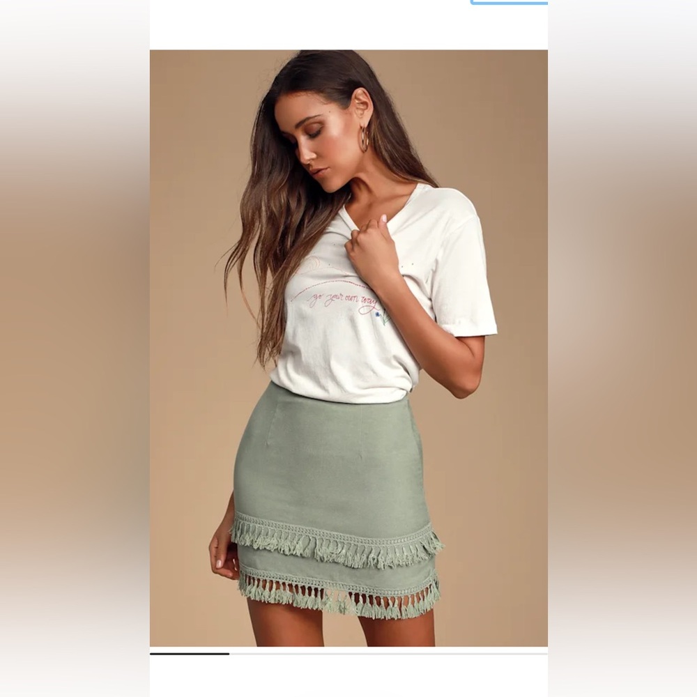Lulu's Sekera Sage Green Tassel Mini Skirt